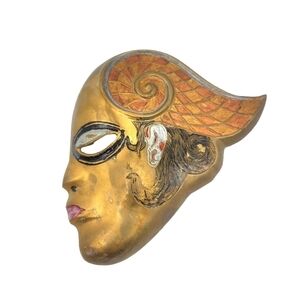 Vtg Penco Brass and Enamel Decorative Silhouette Face Mask, 1980's Wall Hanging